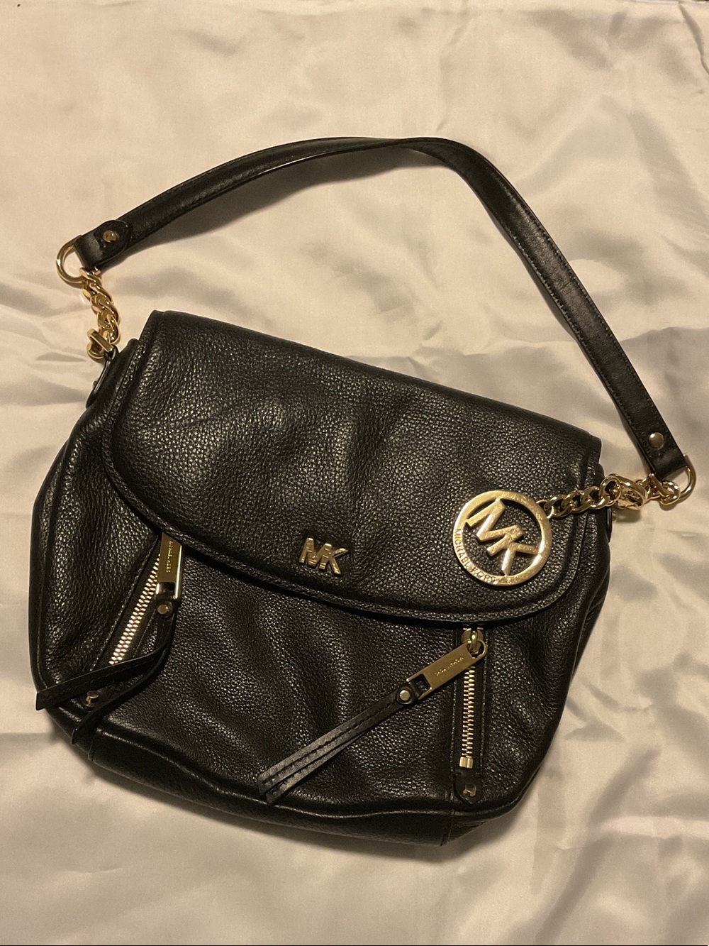Michael Kors Black Pebbled Leather Shoulder Bag with Gold Hardware